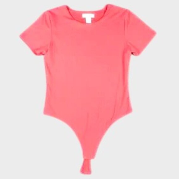 House of Harlow 1960 Bodysuit Womens Medium Coral Ribbed Button Stretch Comfort - Picture 1 of 12